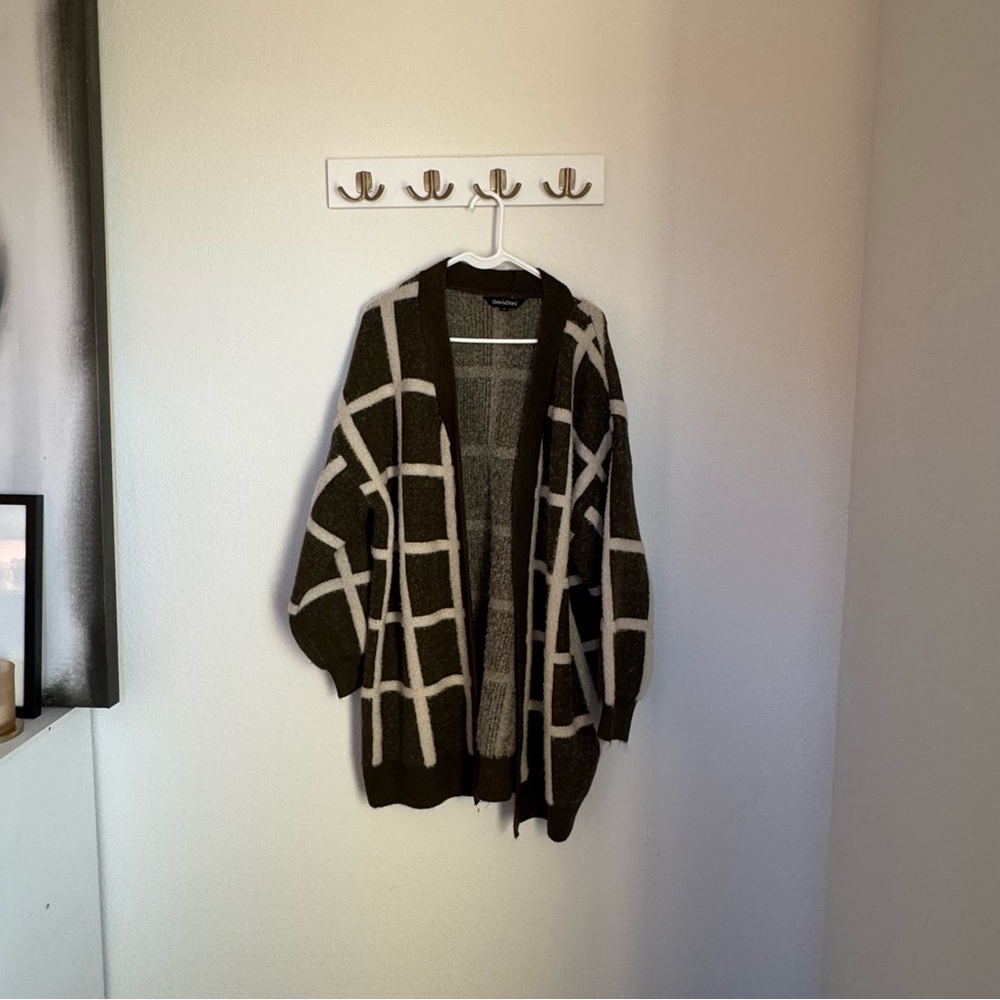 DAVI & DANI Olive Open-Front Windowpane Cardigan with Cream Grid